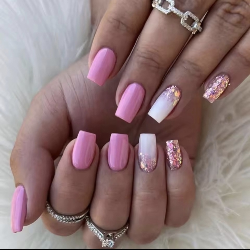 Glossy Pink Coffin Press-Ons with Glitter Accent